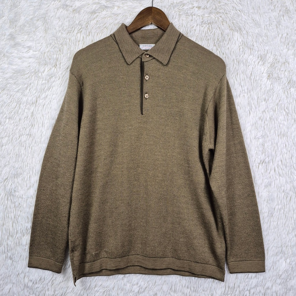 Gran Sasso Mens Wool Silk Cashmere Long Sleeve Polo Sweater Brown IT 50 US Large